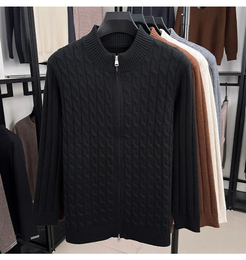 Cable Knit Zip Cardigan, Ribbed Stand Collar – Men – Black – front