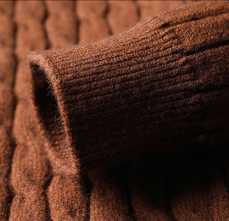 Cable Knit Zip Cardigan, Ribbed Stand Collar – Men – Brown – cuff