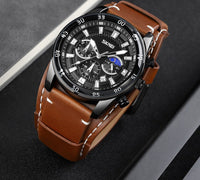 Chronograph Watch with Leather Cuff Strap – Men – Black · Black Dial · Brown Cuff – lifestyle