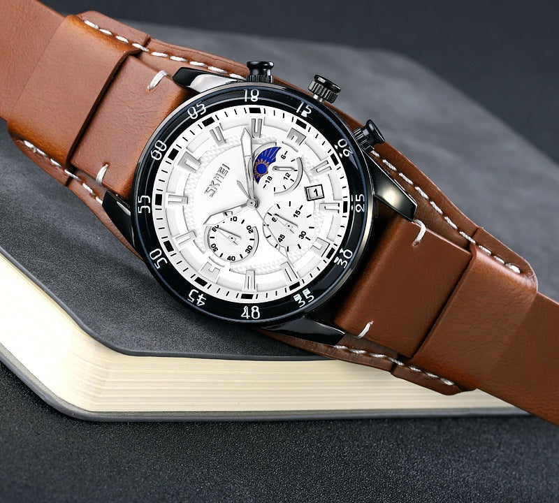 Chronograph Watch with Leather Cuff Strap – Men – Black · White Dial · Brown Cuff – lifestyle