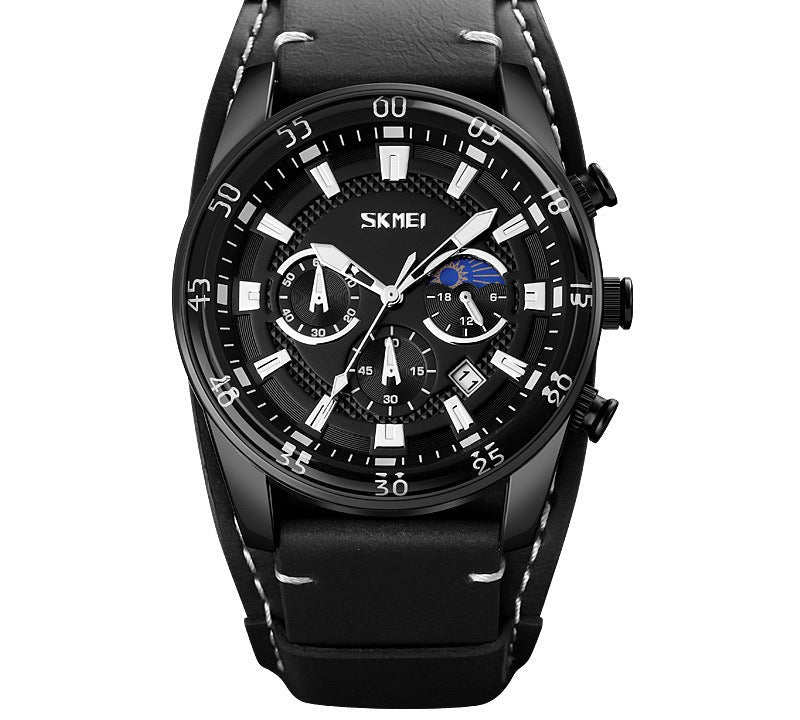 Chronograph Watch with Leather Cuff Strap – Men – Black · Black Dial · Black Cuff – front