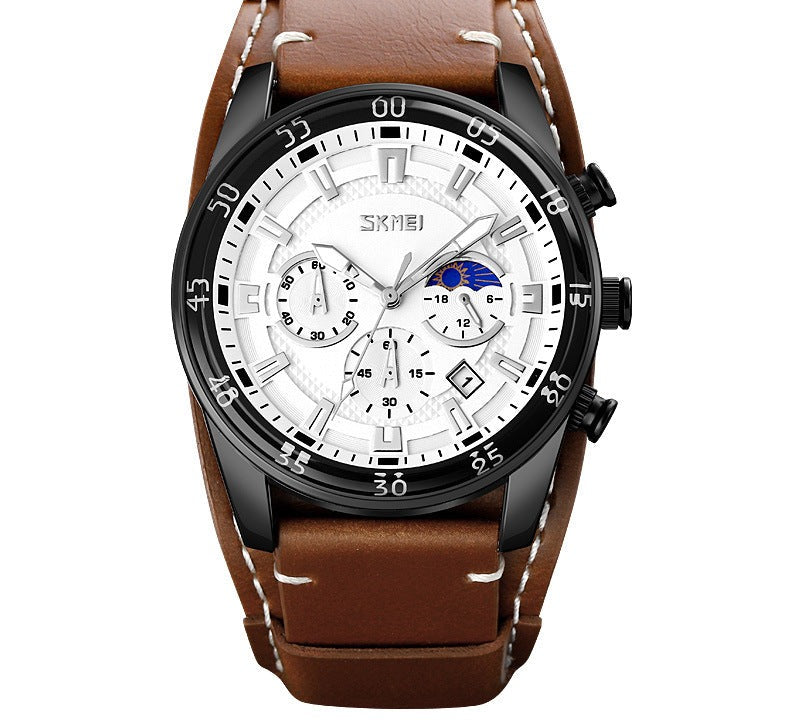Chronograph Watch with Leather Cuff Strap – Men – Black · White Dial · Brown Cuff – front