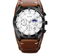 Chronograph Watch with Leather Cuff Strap – Men – Black · White Dial · Brown Cuff – front