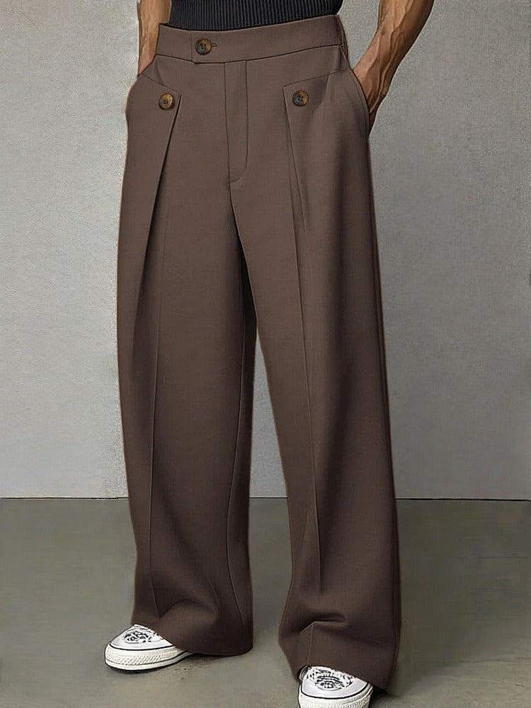 Wide-Leg Pleated Trousers, Button Flap Front – Men – Brown – worn, front
