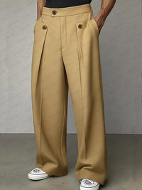 Wide-Leg Pleated Trousers, Button Flap Front – Men – Tan – worn, front