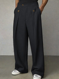 Wide-Leg Pleated Trousers, Button Flap Front – Men – Black – worn, front