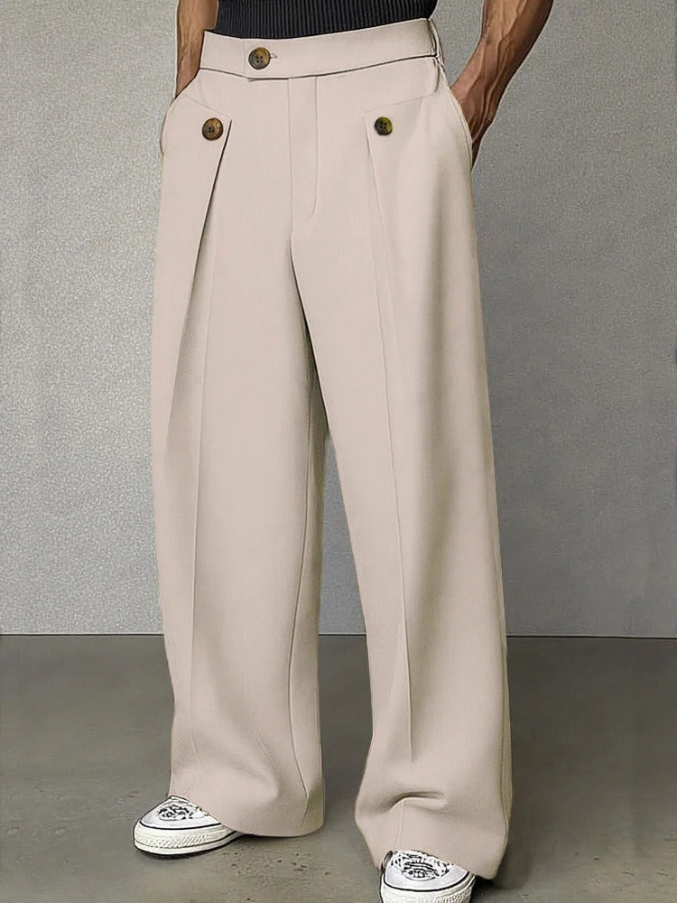 Wide-Leg Pleated Trousers, Button Flap Front – Men – Beige – worn, front