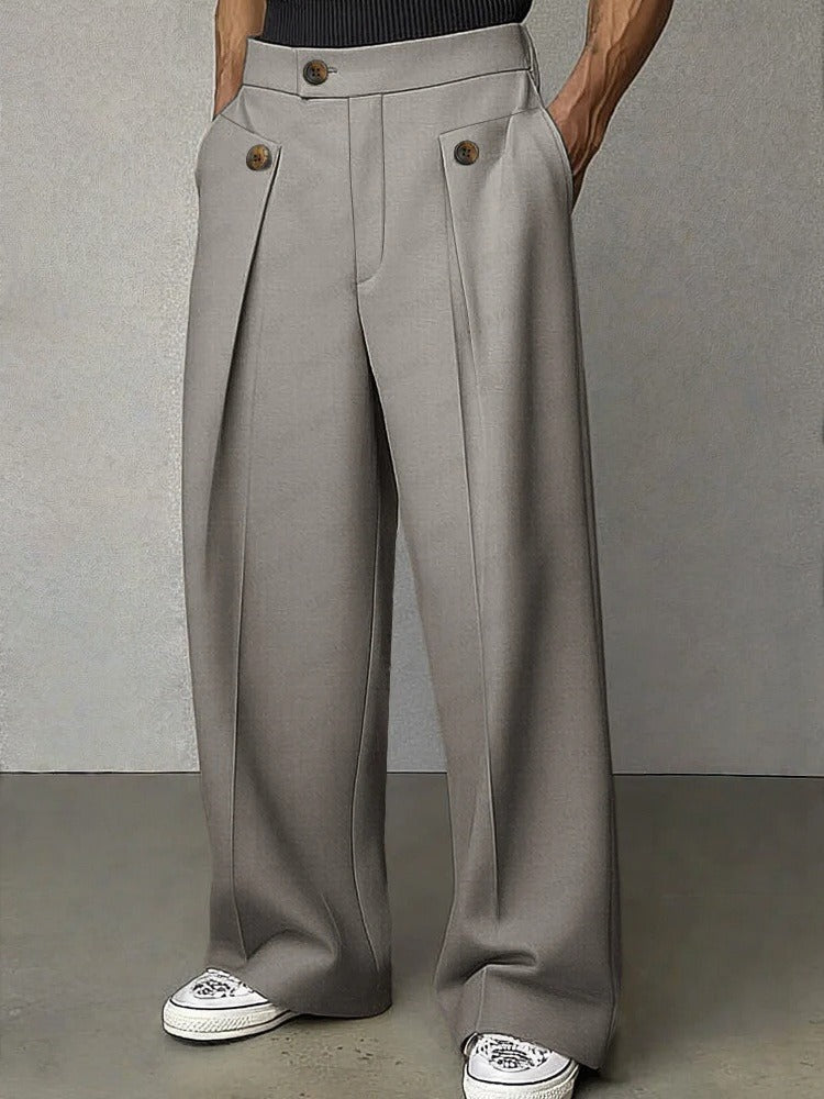 Wide-Leg Pleated Trousers, Button Flap Front – Men – Grey – worn, front