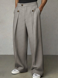 Wide-Leg Pleated Trousers, Button Flap Front – Men – Grey – worn, front