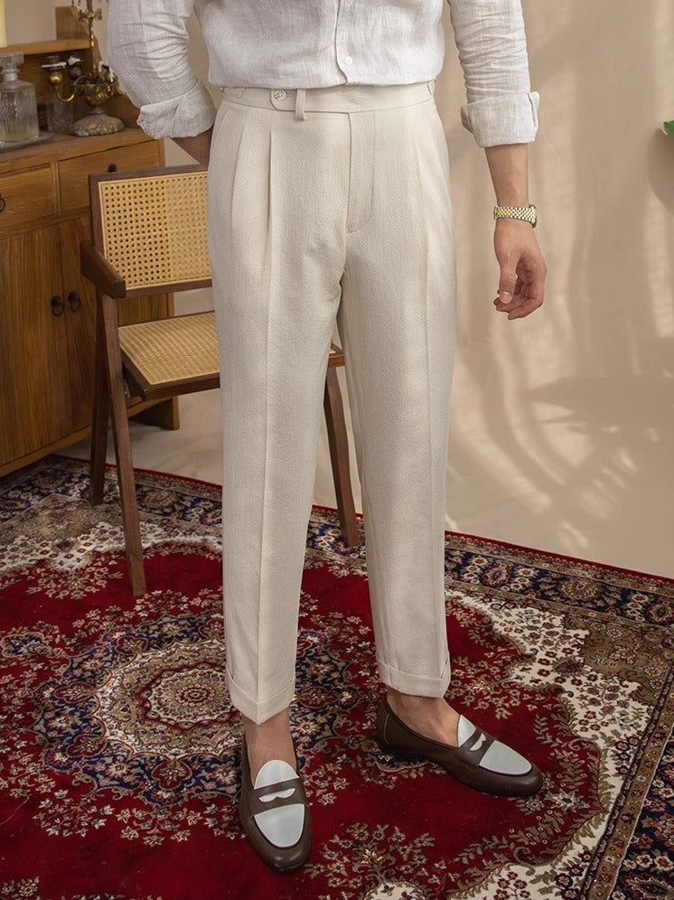 High-Waist Gurkha Trousers, Side Adjusters – Men – Cream – full length