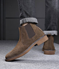 Suede Chelsea Boots, Cowhide, Fleece Option – Men – Brown – worn