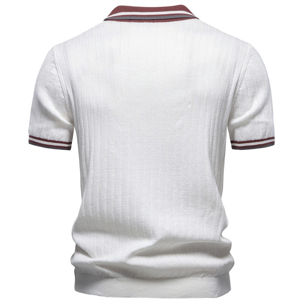 100% Cotton Ribbed Knit Polo, Open Collar – Men – White – back