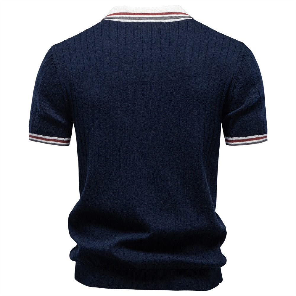 100% Cotton Ribbed Knit Polo, Open Collar – Men – Navy – back