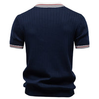 100% Cotton Ribbed Knit Polo, Open Collar – Men – Navy – back