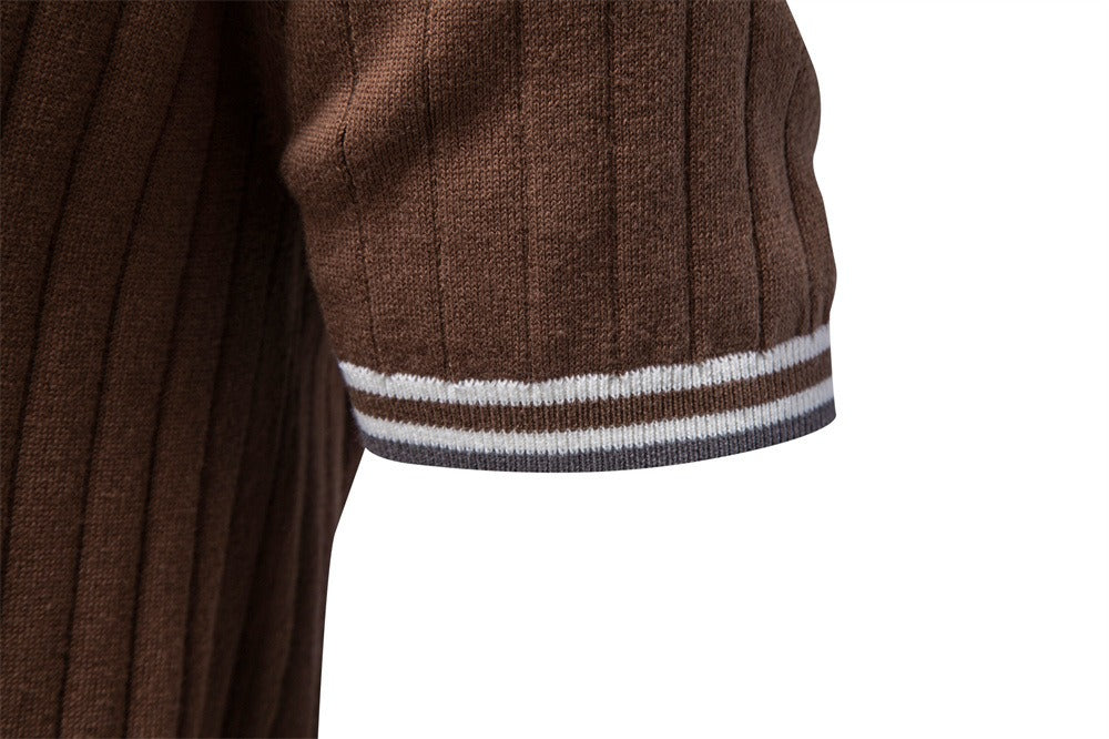 100% Cotton Ribbed Knit Polo, Open Collar – Men – Brown – sleeve tipping