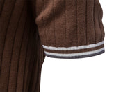 100% Cotton Ribbed Knit Polo, Open Collar – Men – Brown – sleeve tipping