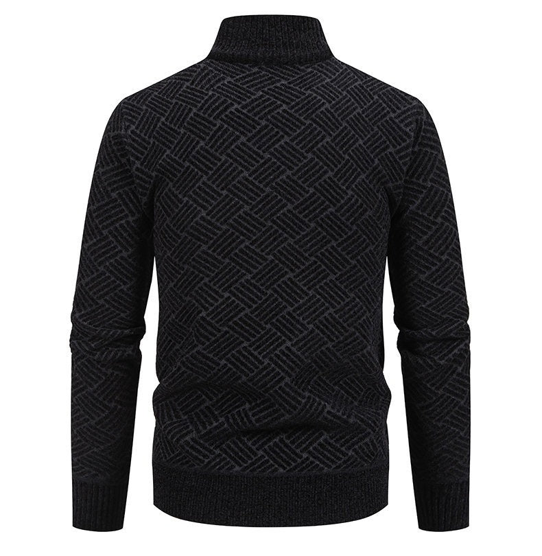 Fleece-Lined Basket-Weave Zip Cardigan – Men – Black – back