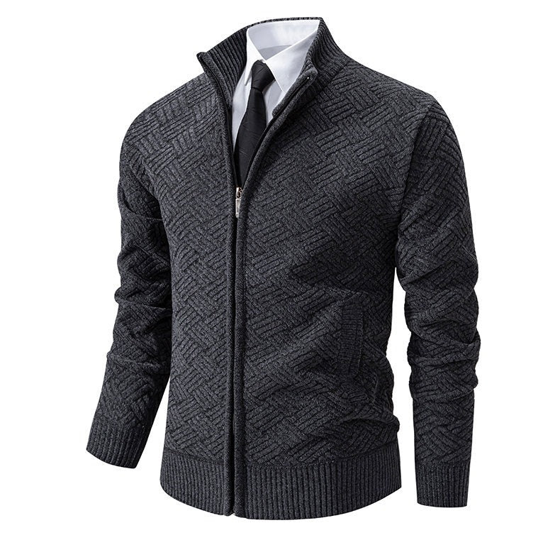 Fleece-Lined Basket-Weave Zip Cardigan – Men – Charcoal – three-quarter