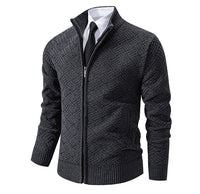 Fleece-Lined Basket-Weave Zip Cardigan – Men – Charcoal – three-quarter