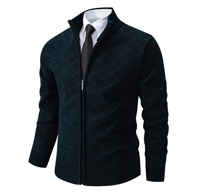 Fleece-Lined Basket-Weave Zip Cardigan – Men – Navy – three-quarter