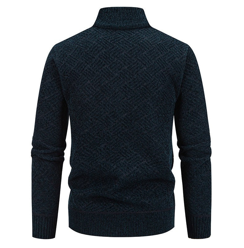 Fleece-Lined Basket-Weave Zip Cardigan – Men – Navy – back