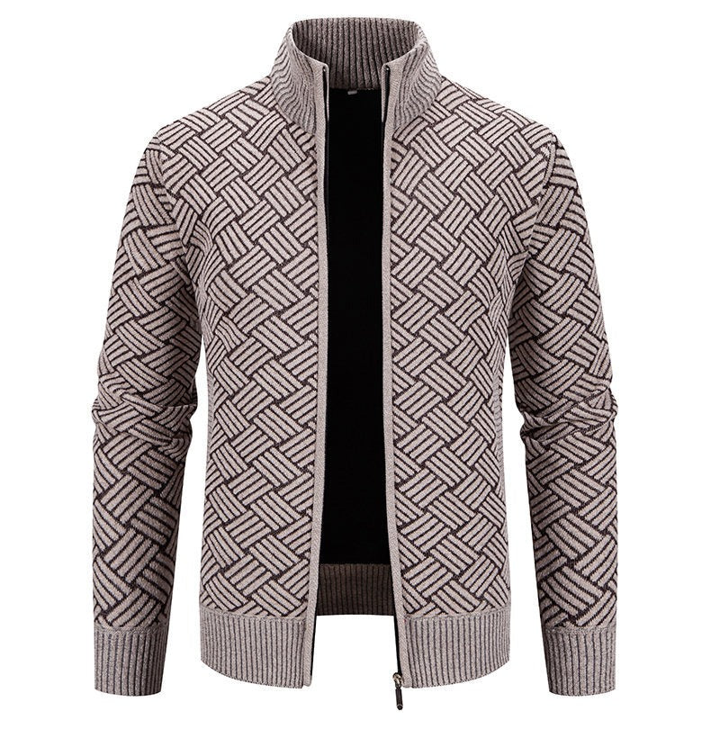 Fleece-Lined Basket-Weave Zip Cardigan – Men – Stone – open