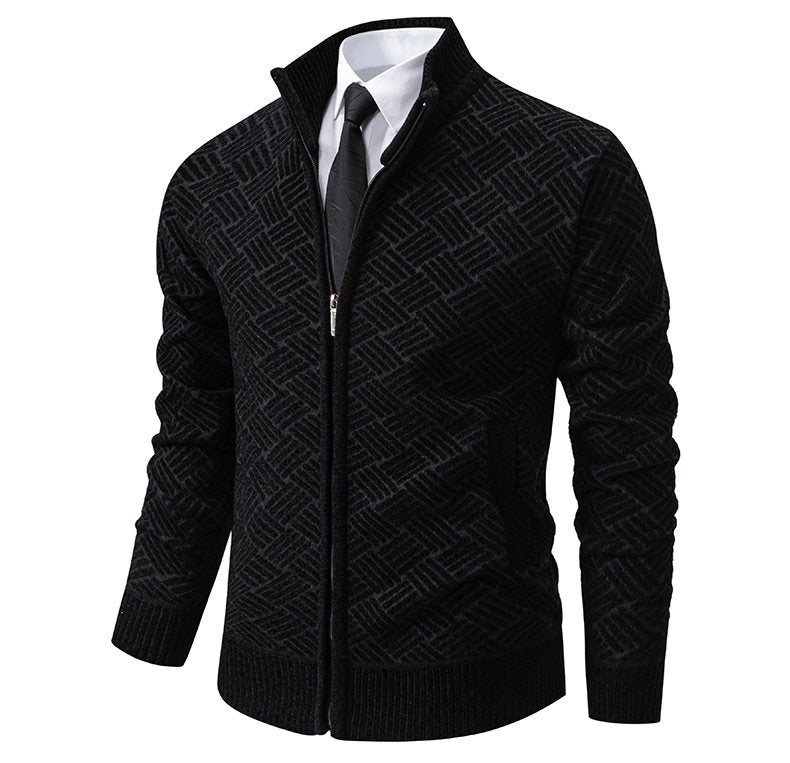 Fleece-Lined Basket-Weave Zip Cardigan – Men – Black – three-quarter