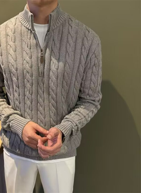 Cable Knit Quarter-Zip Sweater, Stand Collar – Men – Grey – worn, front
