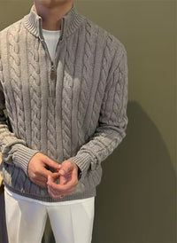Cable Knit Quarter-Zip Sweater, Stand Collar – Men – Grey – worn, front