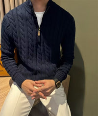 Cable Knit Quarter-Zip Sweater, Stand Collar – Men – Navy – worn, front