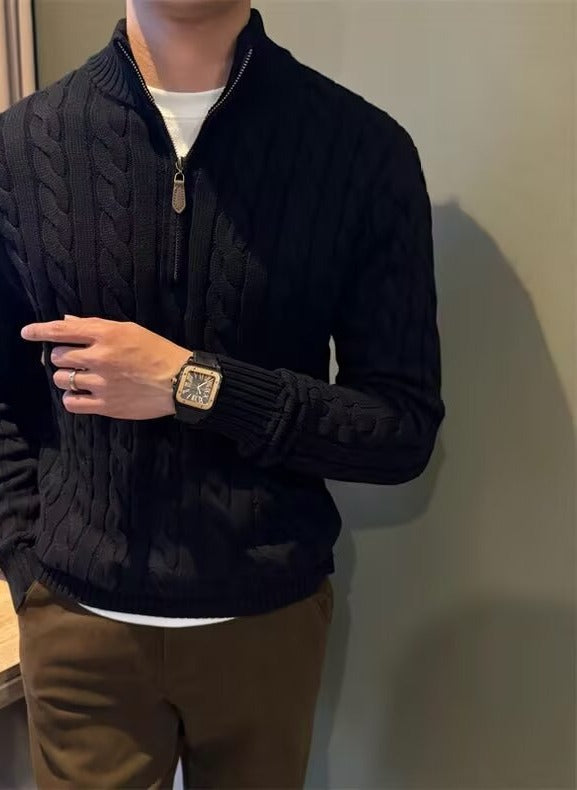 Cable Knit Quarter-Zip Sweater, Stand Collar – Men – Black – worn, front