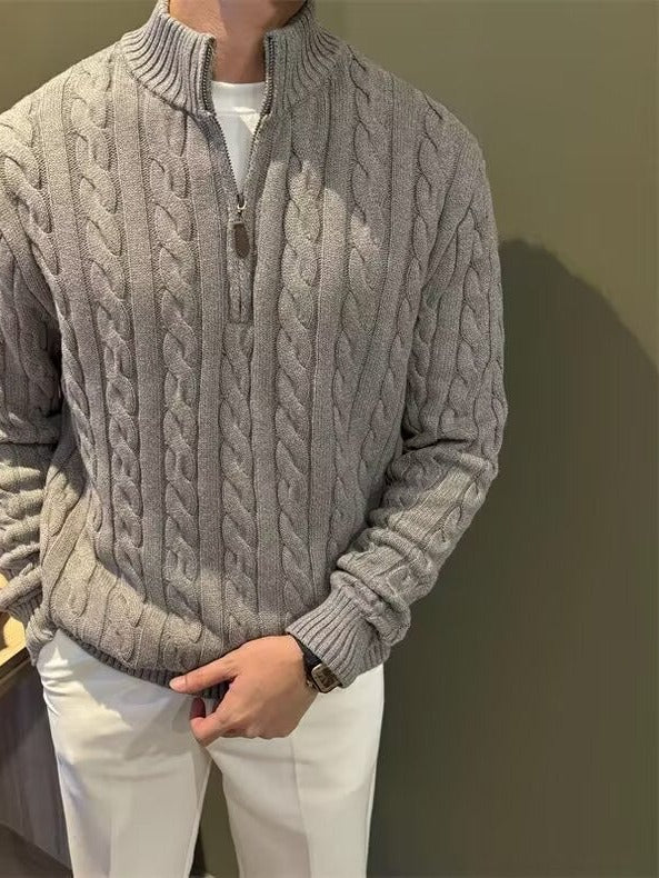 Cable Knit Quarter-Zip Sweater, Stand Collar – Men – Grey – worn