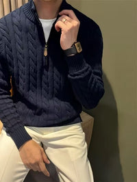 Cable Knit Quarter-Zip Sweater, Stand Collar – Men – Navy – worn