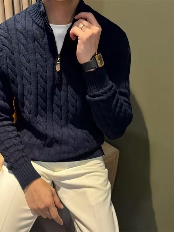 Cable Knit Quarter-Zip Sweater, Stand Collar – Men – Navy – worn