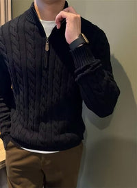 Cable Knit Quarter-Zip Sweater, Stand Collar – Men – Black – worn