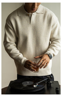 7-Gauge Knit Polo Sweater, Open Collar – Men – Cream – worn, front