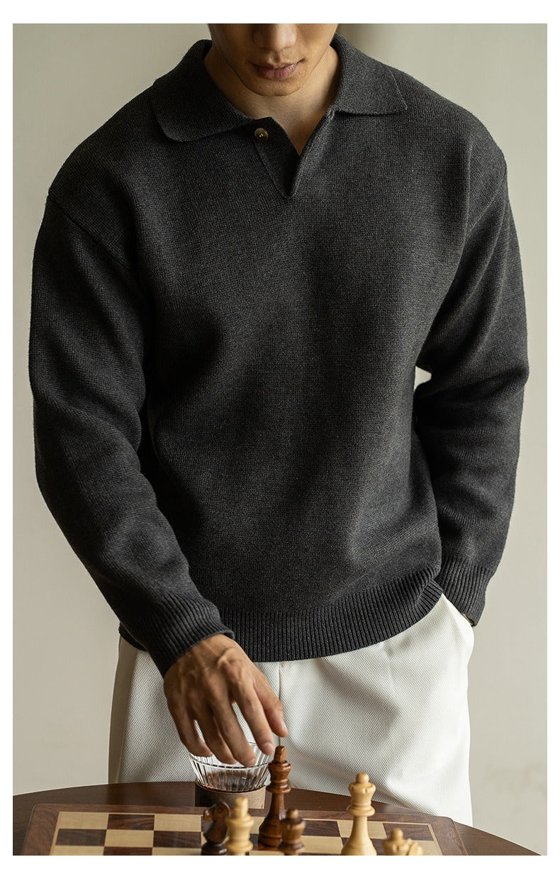 7-Gauge Knit Polo Sweater, Open Collar – Men – Charcoal – worn, side