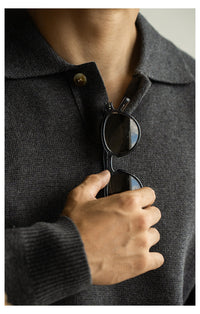 7-Gauge Knit Polo Sweater, Open Collar – Men – Charcoal – collar