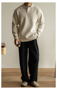 7-Gauge Knit Polo Sweater, Open Collar – Men – Cream – worn, full length