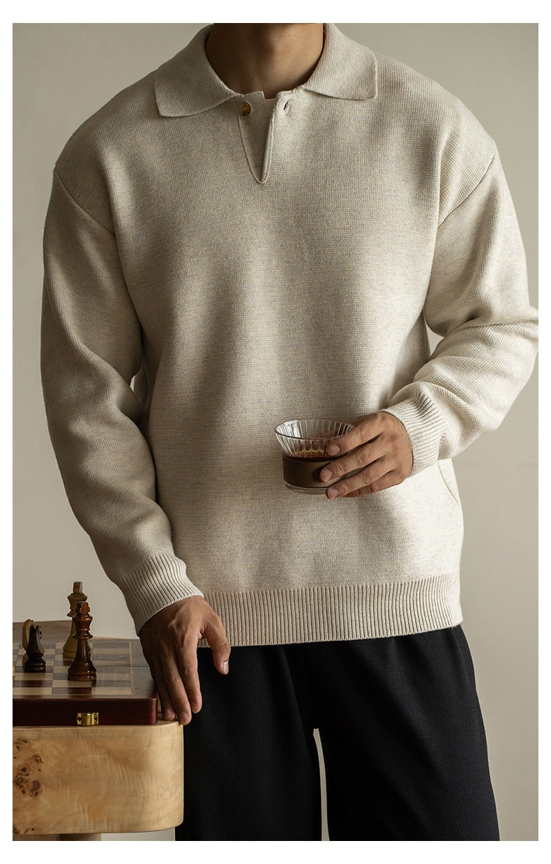7-Gauge Knit Polo Sweater, Open Collar – Men – Cream – worn
