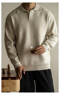 7-Gauge Knit Polo Sweater, Open Collar – Men – Cream – worn