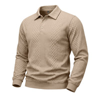 Diamond Jacquard Knit Polo, Long Sleeve – Men – Beige – three-quarter