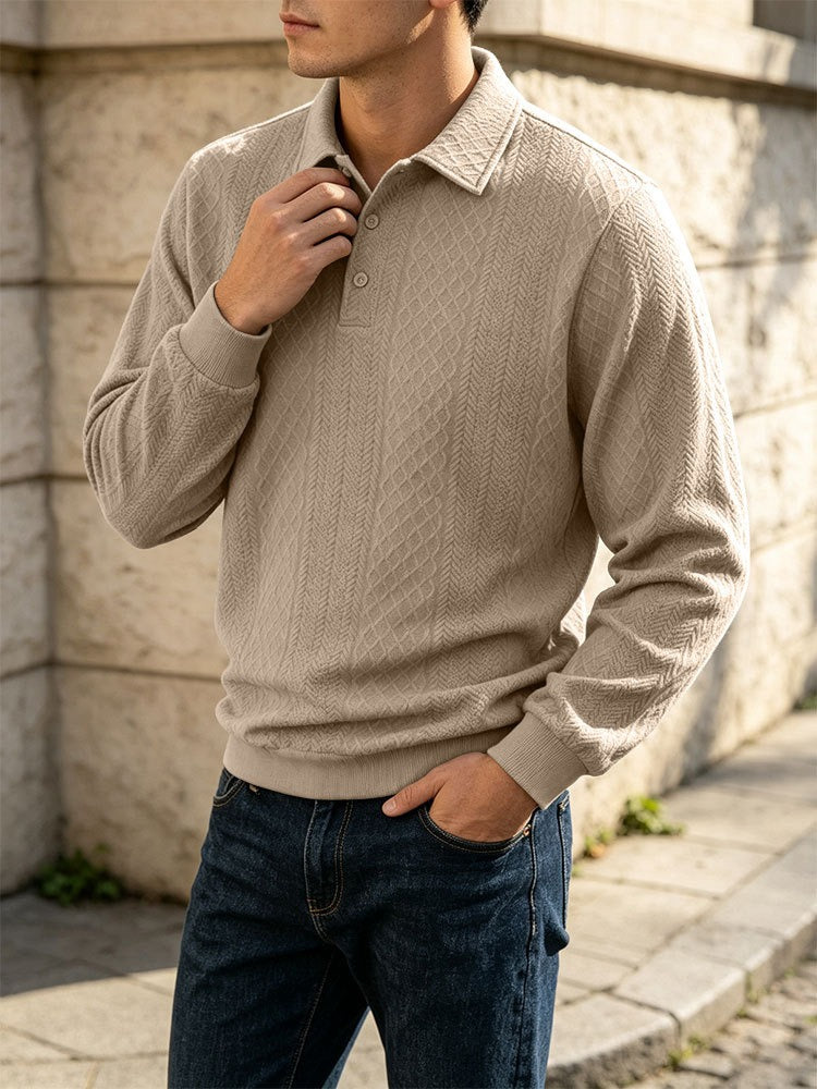 Diamond Jacquard Knit Polo, Long Sleeve – Men – Beige – worn, side