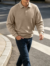 Diamond Jacquard Knit Polo, Long Sleeve – Men – Beige – worn, walking