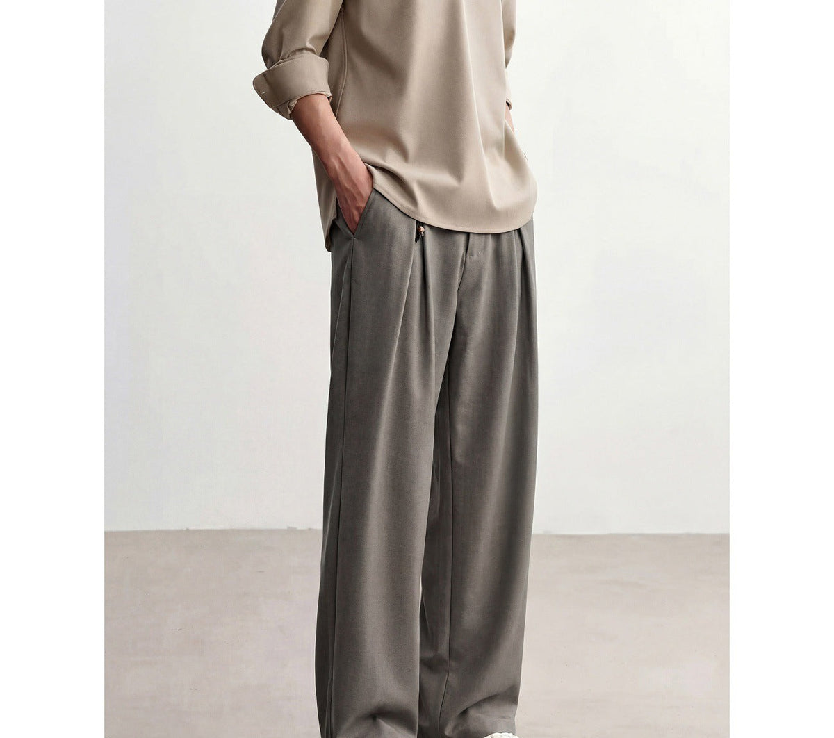 Pleated Straight-Leg Trousers, Soft Drape – Men – Brown – worn, side