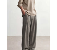 Pleated Straight-Leg Trousers, Soft Drape – Men – Brown – worn, side