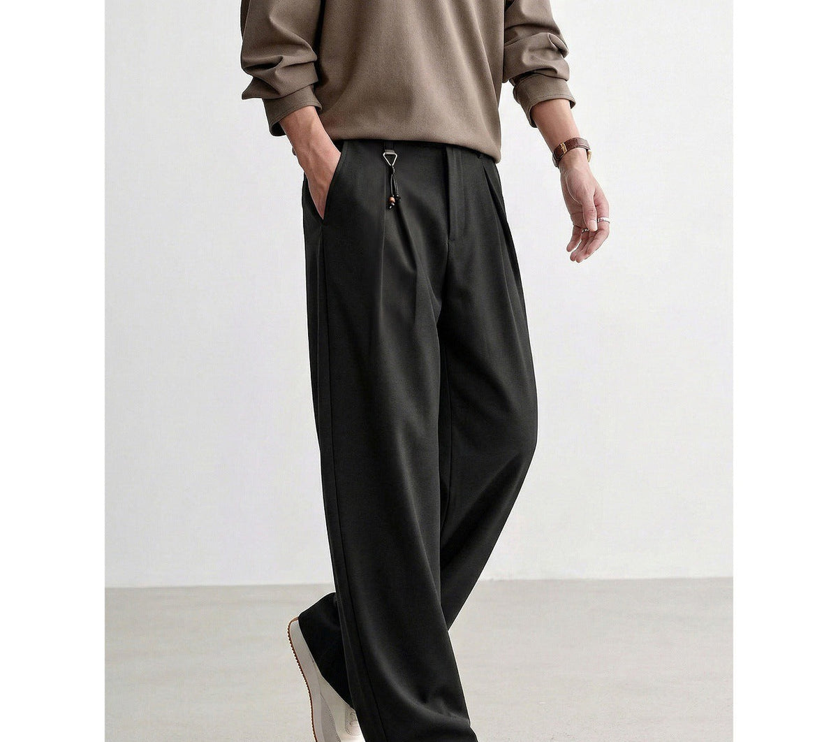 Pleated Straight-Leg Trousers, Soft Drape – Men – Black – worn, walking