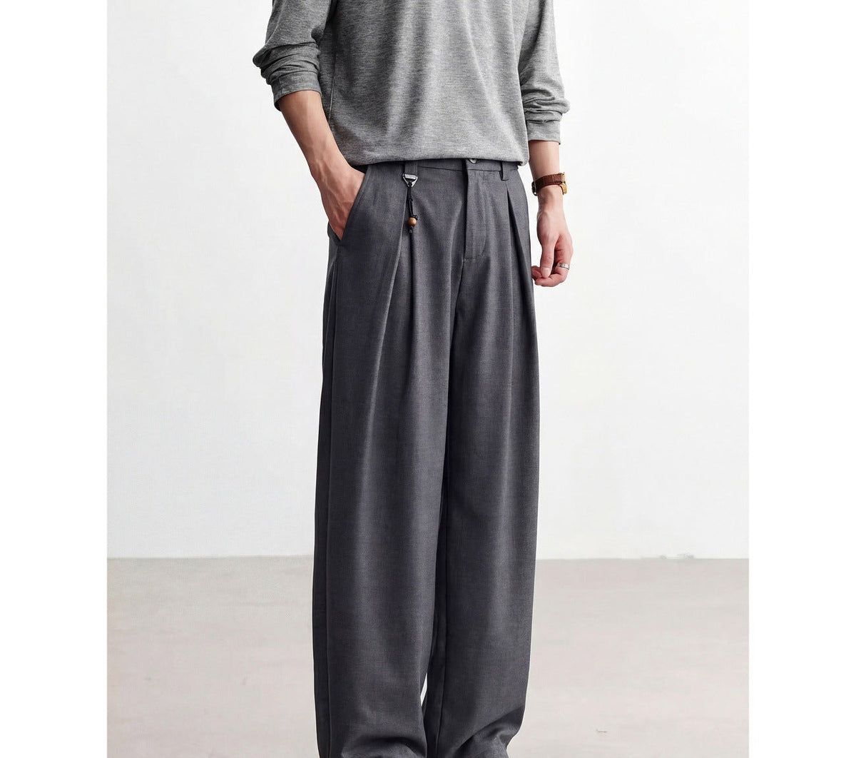 Pleated Straight-Leg Trousers, Soft Drape – Men – Grey – worn