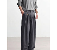 Pleated Straight-Leg Trousers, Soft Drape – Men – Grey – worn