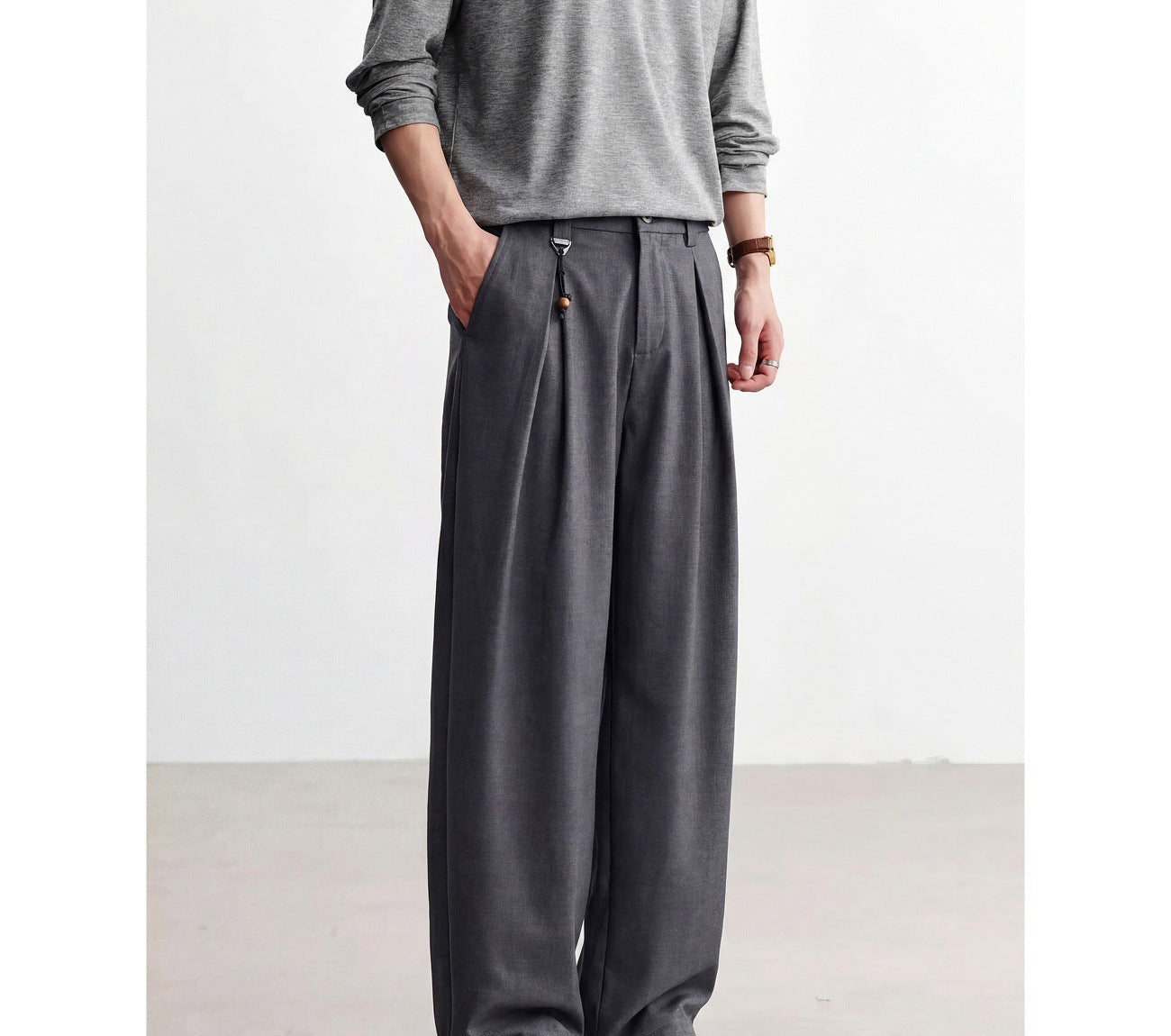 Pleated Straight-Leg Trousers, Soft Drape – Men – Grey – worn
